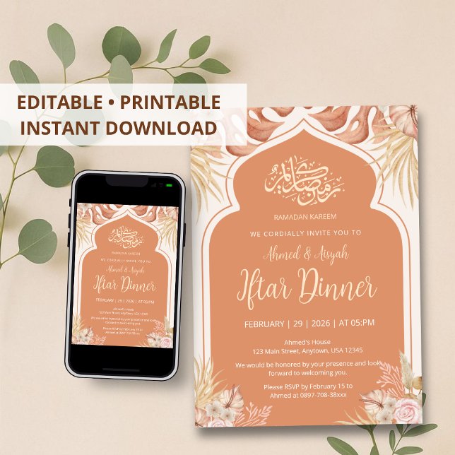 Convites Boho Terracotta Floral Islamic Arch Iftar Dinner (Criador carregado)