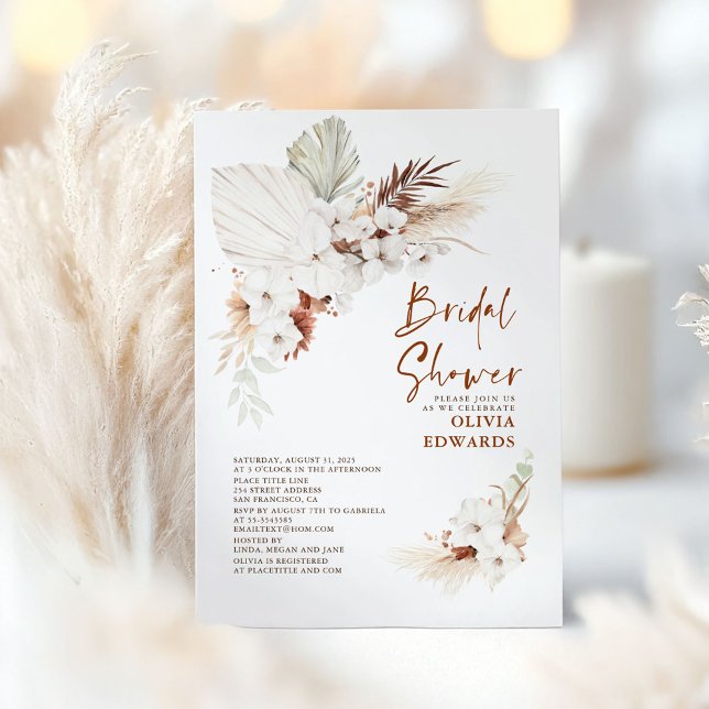 Convites Boho Terracotta Floral Pampas Chá de panela Grass (Boho Bridal Shower Invitations)