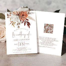Convites Boho Terracotta Florals Código QR Casamento