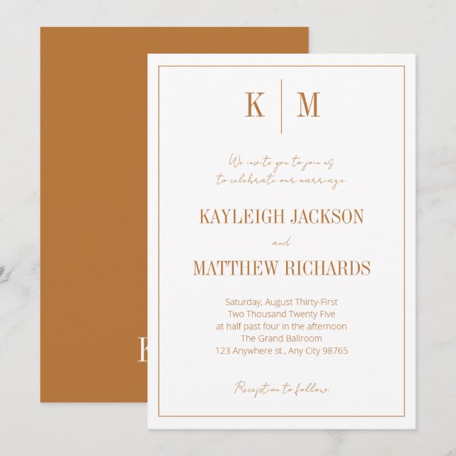 Convites Boho Terracotta Monogram Elegant Wedding  (Frente/Verso)