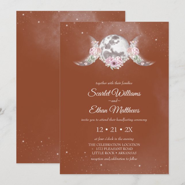 Convites Boho Terracotta Mystical Moon Phases Manipulando (Frente/Verso)