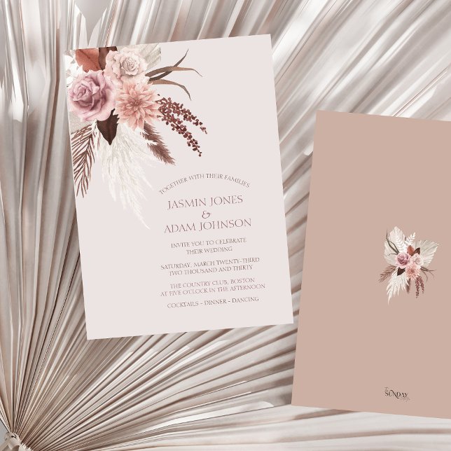 Convites Boho Terracotta Pampas Casamento Floral (Boho Dusty Pink Dried Flowers Pampas Grass Wedding Invitation)