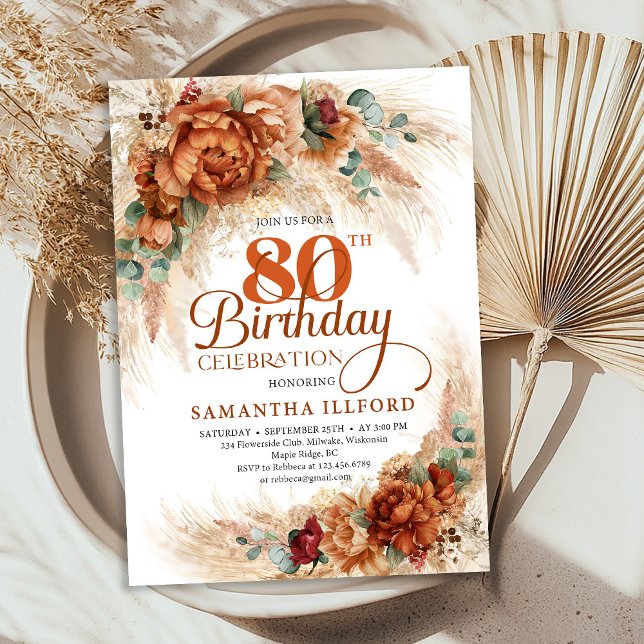 Convites Boho terracotta pampas grass 80th Birthday invite (Celebrate eighty beautiful years with this Boho Terracotta Pampas Grass 80th Birthday Invite, design)