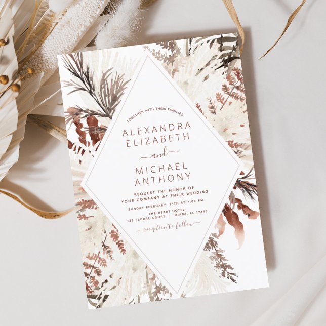Convites Boho Terracotta Pampas Grass Beige Wedding (Criador carregado)