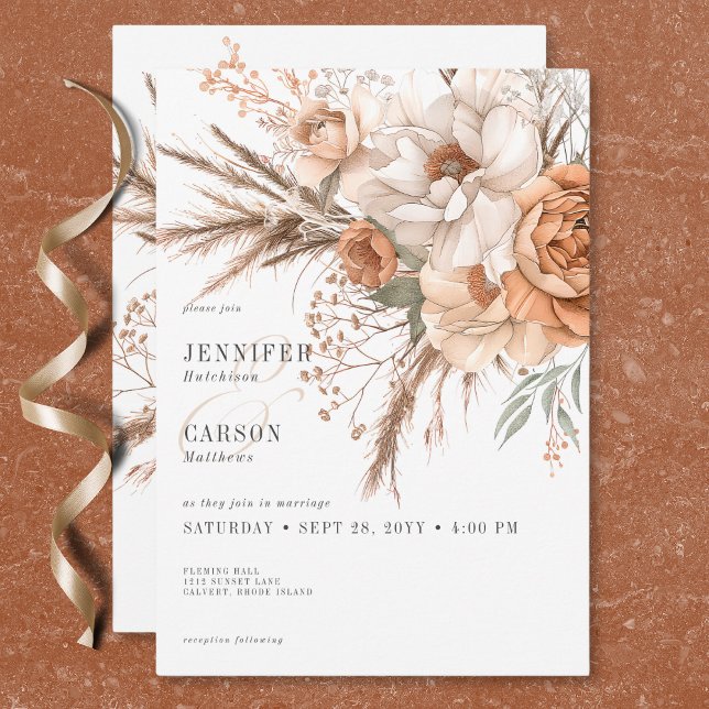 Convites Boho Terracotta Peach & Cream Casamento Branco Flo (Boho Terracotta Peach & Cream Floral White Wedding Invitation)