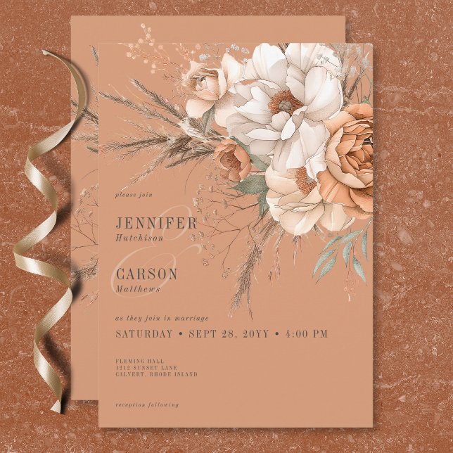 Convites Boho Terracotta Peach & Cream Casamento Floral (Boho Terracotta Peach & Cream Floral Wedding Invitation)