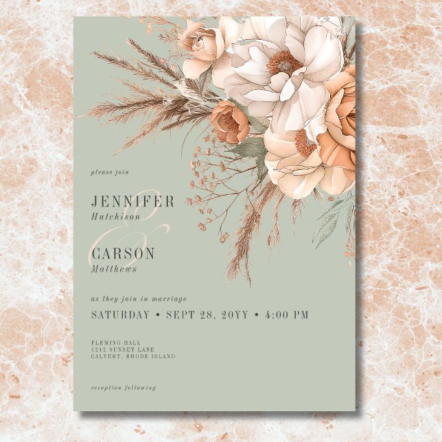 Convites Boho Terracotta Peach & Cream Casamento Verde Flor (Boho Terracotta Peach & Cream Floral Green Wedding Invitation)