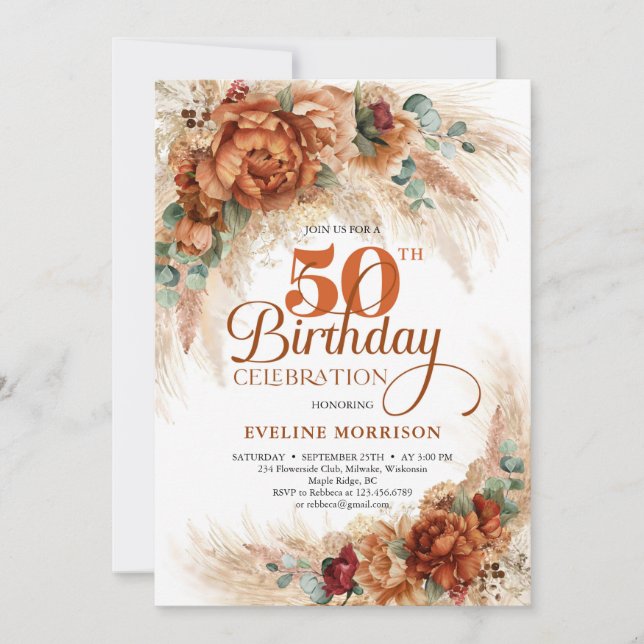 Convites Boho terracotta queimou pampas de laranja eucalipt (Frente)