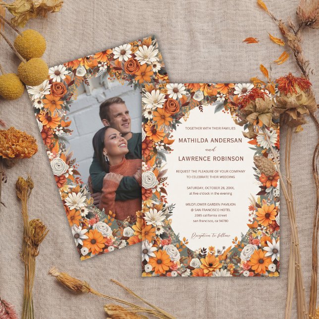 Convites Boho Terracotta Sage Casamento outono de Foto Flor (Boho Burnt Orange Terracota Sage Foliage Floral Photo Fall Wedding Invitation)