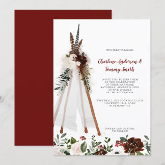 Convites Boho Tribal Feather Buquê Floral Casamento Teepee