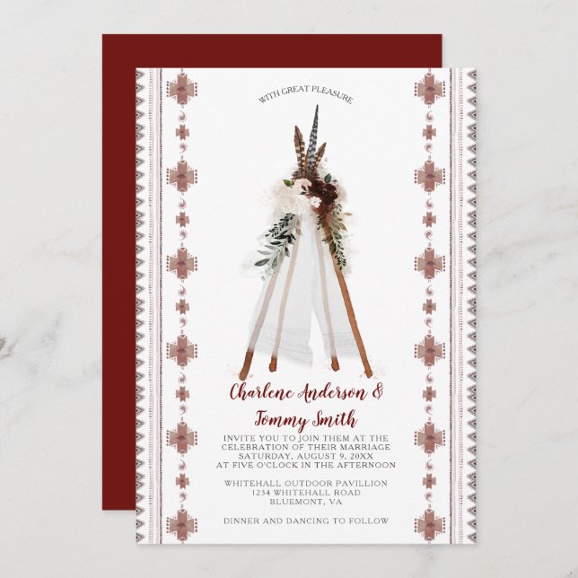 Convites Boho Tribal Feather Floral Teepee Wedding | (Frente/Verso)