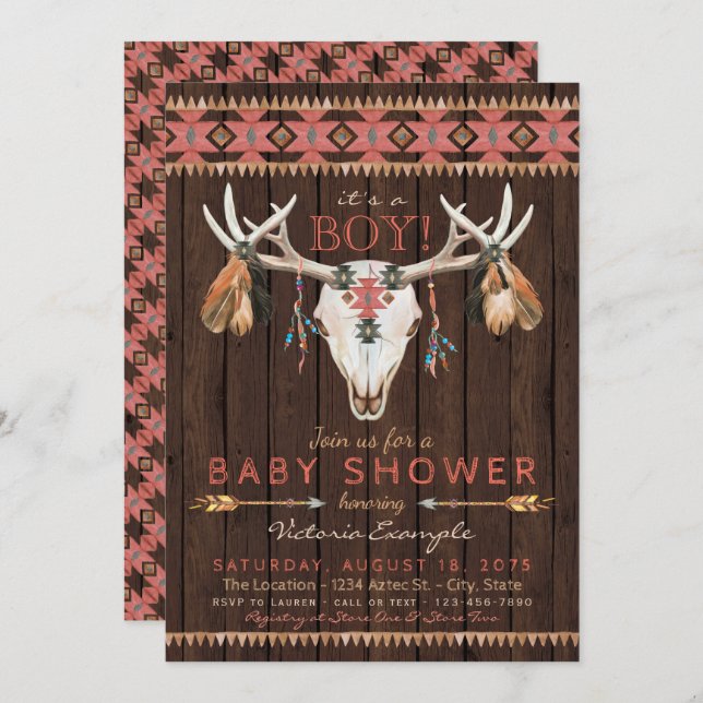 Convites Boho Tribal Skull Baby Shower (Frente/Verso)