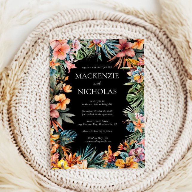 Convites Boho Tropical Floral Black Casation (tropical wedding invitation black
)