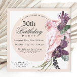 Convites Boho Tropical Pink Parrot Floral 50º Aniversário<br><div class="desc">Planeje uma comemoração memorável de 50 anos (ou qualquer outra idade) com este tema tropical de boho maravilhoso que é tão feminino! Este único convite quadrado tem um papagaio rosa exótico sentado sobre um buquê de flores tropicais exuberantes que incluem proteína roxa e orquídeas com vinhas rasteiras e verde. Um...</div>