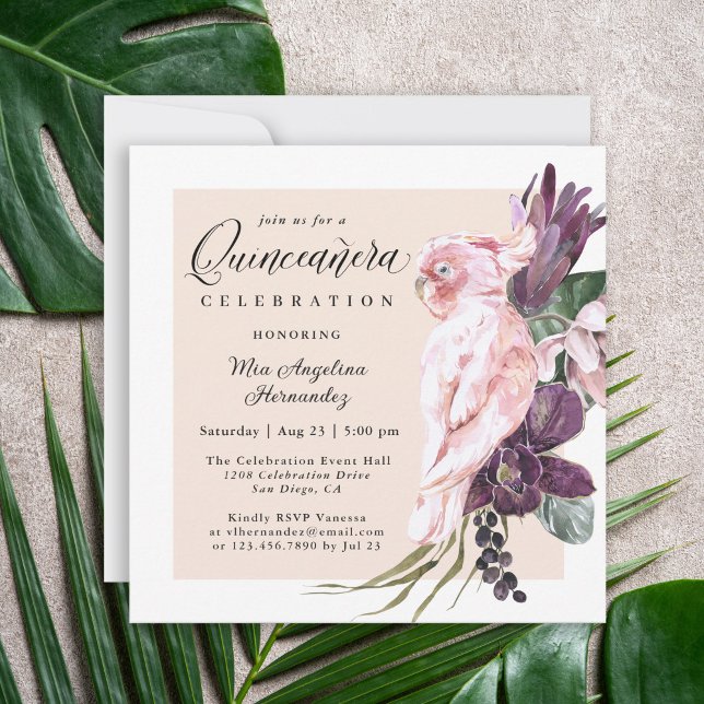 Convites Boho Tropical Pink Parrot Floral Quinceanera (Criador carregado)