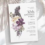 Convites Boho Tropical Purple Parrot aniversário de 30 anos<br><div class="desc">Um convite de festas floral de cor aquática tropical boho único, com uma paleta de cor sumptuosa, roxa, ameixa, bege (esbranquiçado) e verde. Um belo papagaio roxo senta num buquê luxuoso de flores tropicais exóticas. O esquema de cores é perfeito para eventos de aniversário em todas as estações e tem...</div>