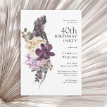 Convites Boho Tropical Purple Parrot aniversário de 40 anos<br><div class="desc">Um convite de festas floral de cor aquática tropical boho único, com uma paleta de cor sumptuosa, roxa, ameixa, bege (esbranquiçado) e verde. Um belo papagaio roxo senta num buquê luxuoso de flores tropicais exóticas. O esquema de cores é perfeito para eventos de aniversário em todas as estações e tem...</div>