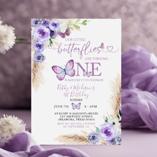 Convites Boho Twin Roxo Butterfly Primeiro Aniversário Flor