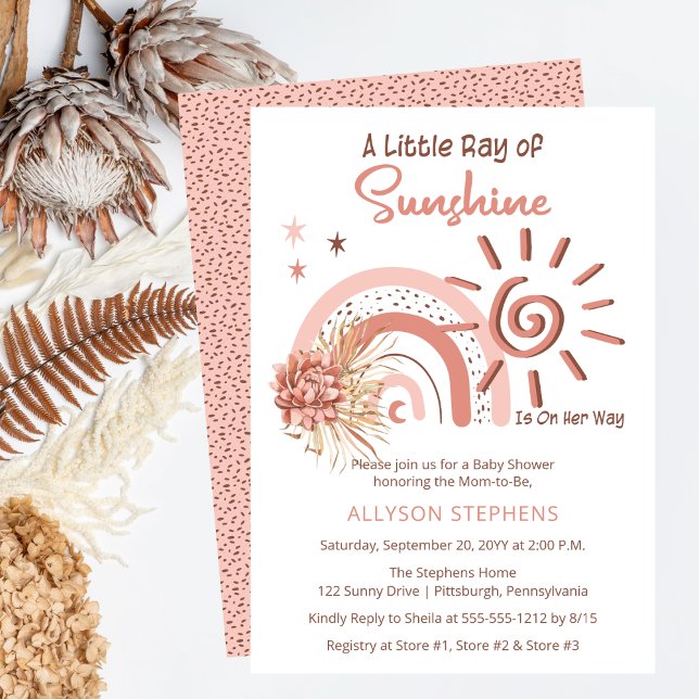 Convites Boho Um Pequeno Raios de Chá de fraldas de Raparig (Boho Pink A Little Ray of Sunshine Girl Baby Shower Invitation)