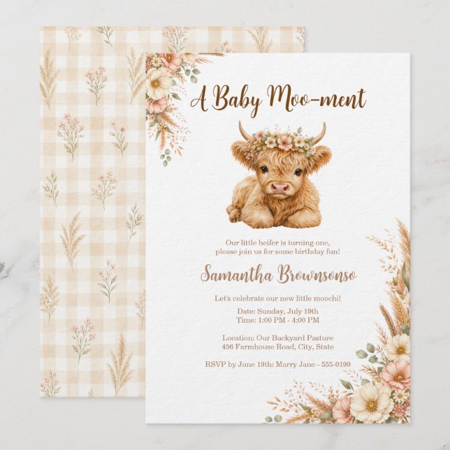 Convites Boho Vaca das Terras Altas Xadrez Floral Aniversár (Frente/Verso)
