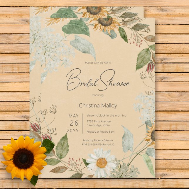 Convites Boho Verão Girassol & Margarida Dourado Chá de Beb (Boho Summer Sunflower & Daisy Gold Bridal Shower Invitation)