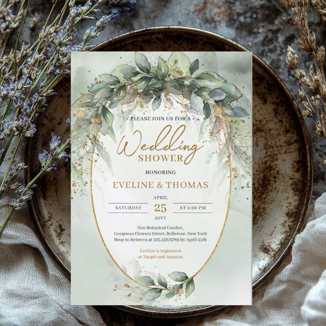 Convites Boho verde e Chá de casamento de ouro (watercolor green eucalyptus wreath wedding shower invitation digital)