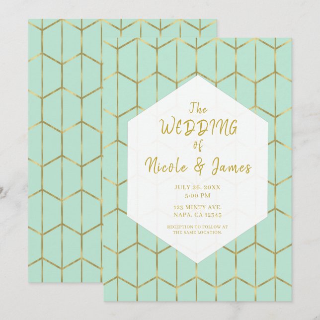 Convites Boho Verde Menta Hexágono Dourado Casamento Geomét (Frente/Verso)