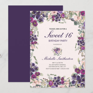 Convites Boho Verde Oliva Folhas Roxo Rosa Floral Doce 16