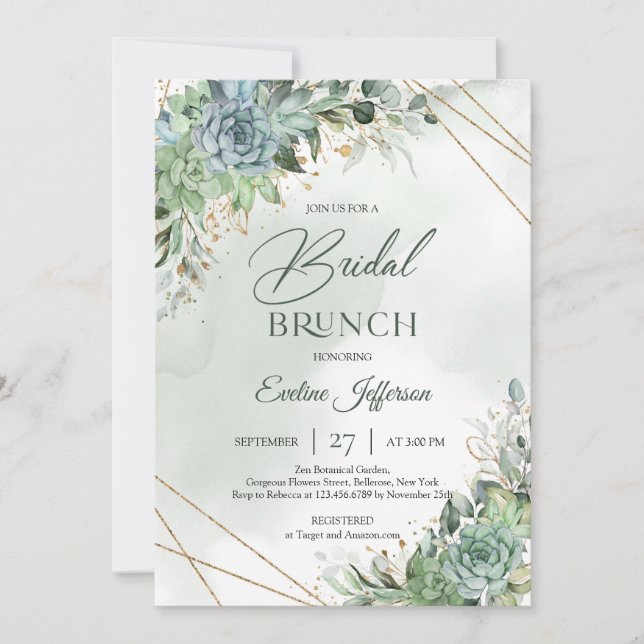 Convites Boho verde poeirento suculenta ouro Bridal brunch (Frente)