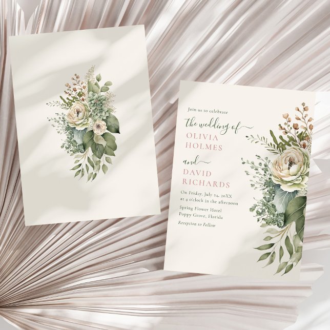 Convites Boho Verde Sage e Marfim Casamento de Flores Silve (Boho Sage Green and Ivory Widlflowers Wedding Invitation on a sunny dry palm leaf.)