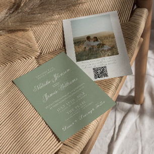 Convites Boho Verde Sage Moderno Código QR Casamento de Fot