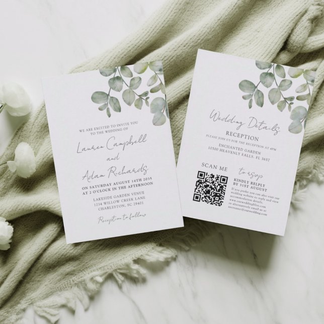 Convites Boho Verde Sálvia Eucalipto Casamento Tudo Em Um (Criador carregado)