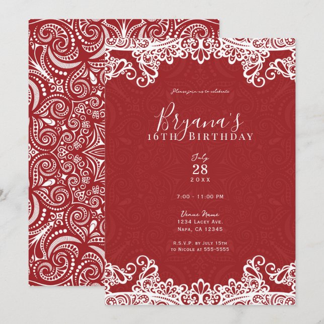 Convites Boho Vermelho e Branco Renda Padrão Ousado Festa D (Frente/Verso)