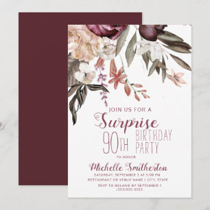 Convites Boho Vintage Floral Burgundy Aniversário de 90 ano
