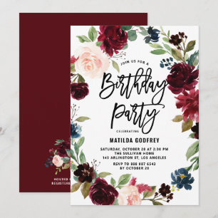 Convites Boho Watercolor Autumn Floral Wreath Aniversário