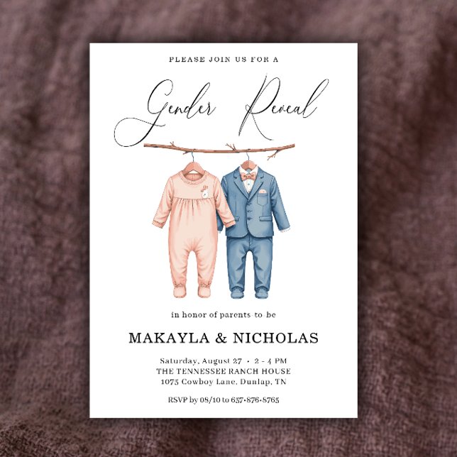 Convites Boho Watercolor Bebê Roupas Gênero Revelação (Criador carregado)