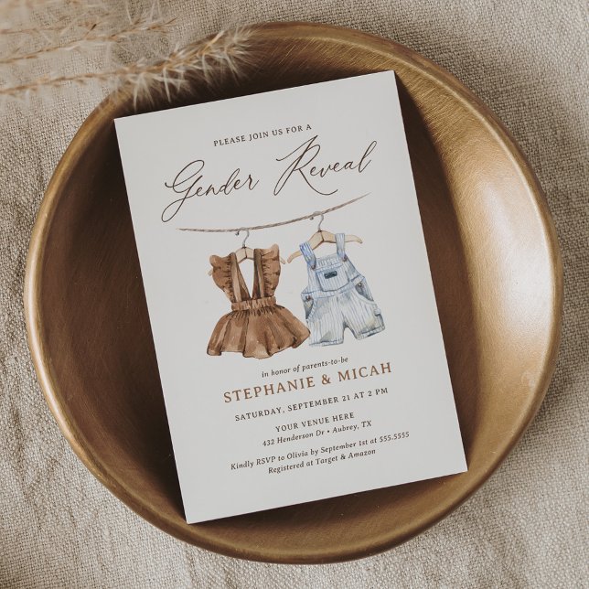 Convites Boho Watercolor Bebê Roupas Gênero Revelação (Criador carregado)