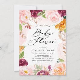 Convites Boho Watercolor Blush Burgundy Chá de fraldas Flor