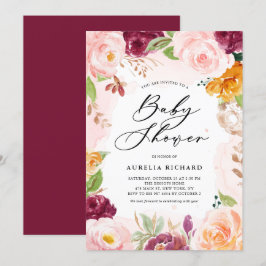 Convites Boho Watercolor Blush Burgundy Chá de fraldas Flor