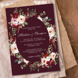 Convites Boho Watercolor Burgundy Red Floral Casamento