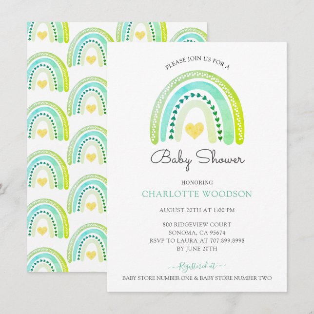 Convites Boho Watercolor - Chá Rainbow Baby Boy (Frente/Verso)