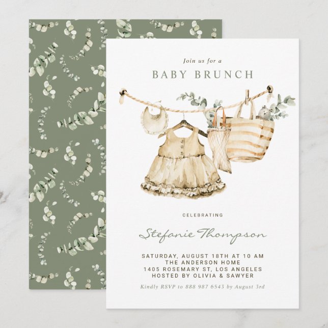 Convites Boho Watercolor Clothesline Baby Brunch (Frente/Verso)