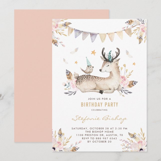 Convites Boho Watercolor Deer e Bird Floral Aniversário de  (Frente/Verso)