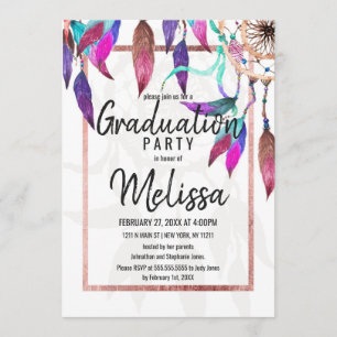 Convites Boho Watercolor Dreamcatcher Rosa Graduação Dourad