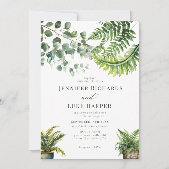 Convites Boho Watercolor Fern Eucalyptus Wedding (Frente)