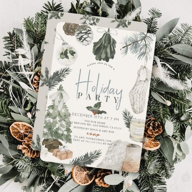 Convites Boho Watercolor Festa Azul Feriada de Natal (Criador carregado)