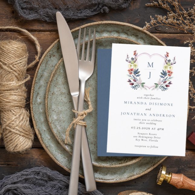 Convites Boho Watercolor Floral Crest Blue Monograma Casame (Criador carregado)