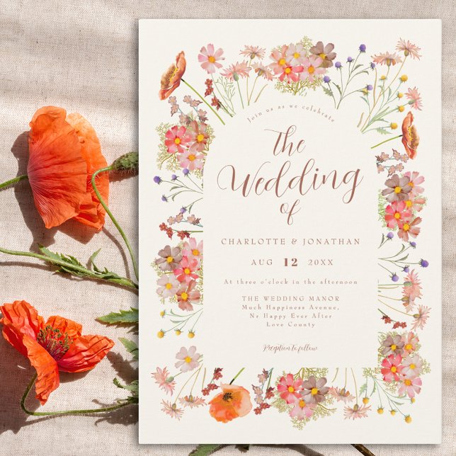 Convites Boho Watercolor Floral Wedding (Elegant script wildflower wedding invitation)