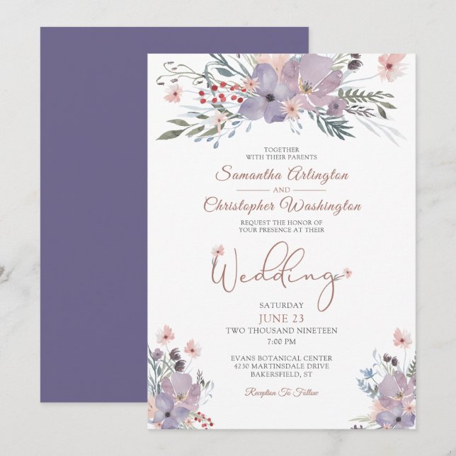 Convites Boho Watercolor Flores Selvagens Casamento Roxo (Frente/Verso)