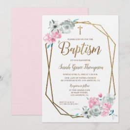 Convites Boho Watercolor floresce bebe rosa Baptismo